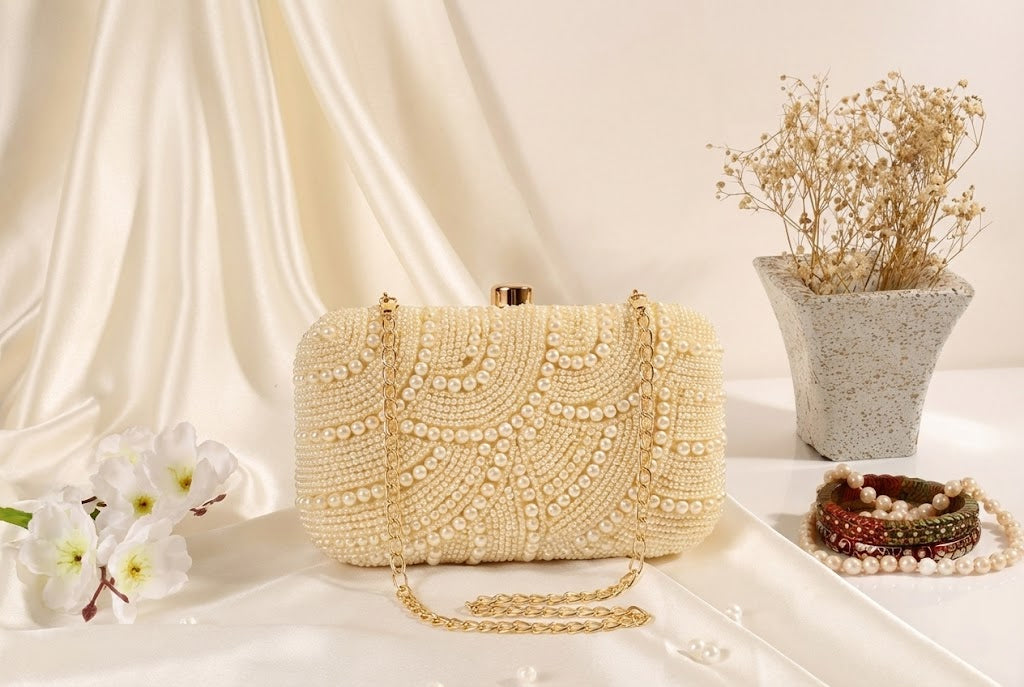 White Pearl Beaded Evening Clutch