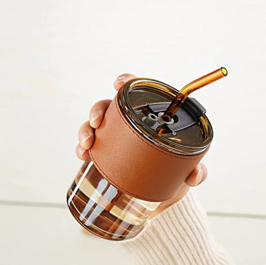 Glass Tumbler with Leather Grip, Lid and Straw