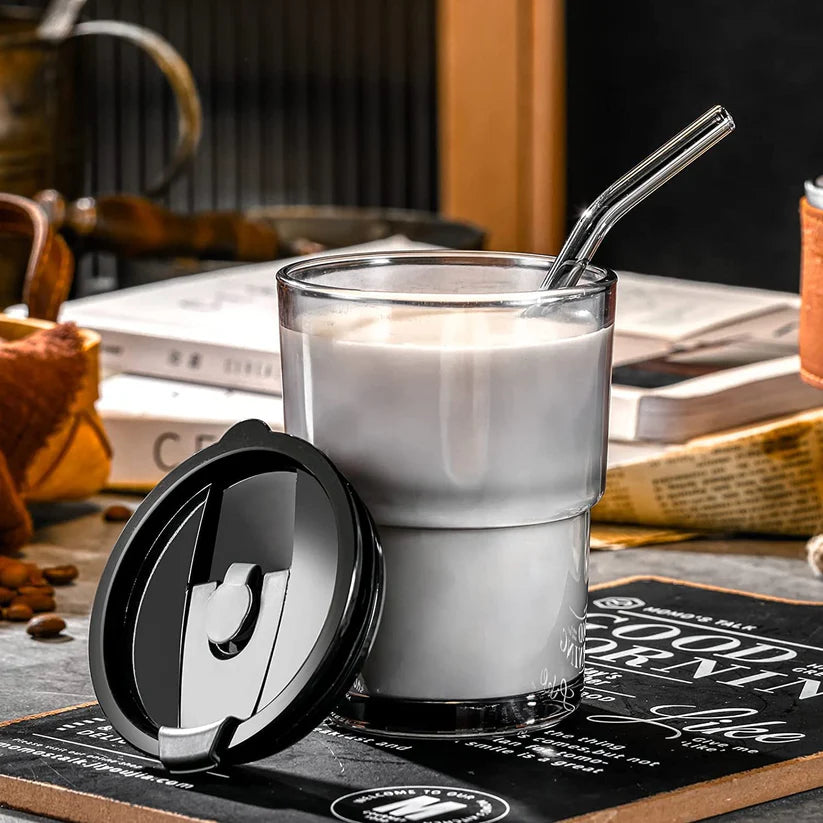 Glass Tumbler with Leather Grip, Lid and Straw